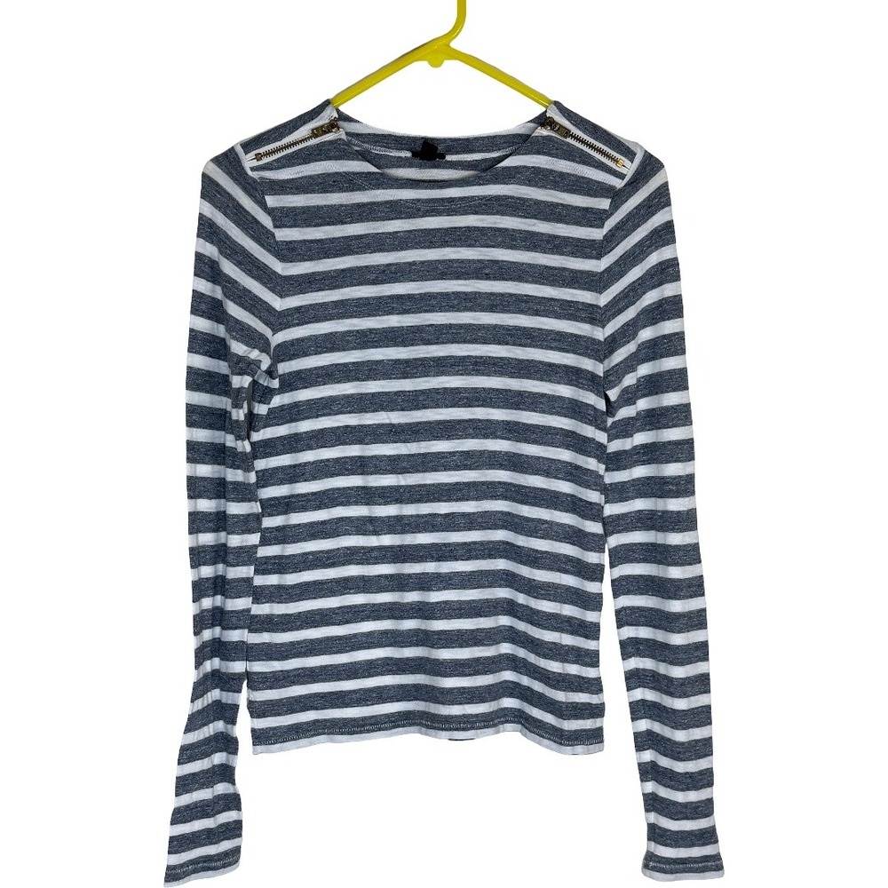 J.Crew Womens Small Gray White Striped Long Sleeve T-Shirt Shoulder Zips‎ Cotton
